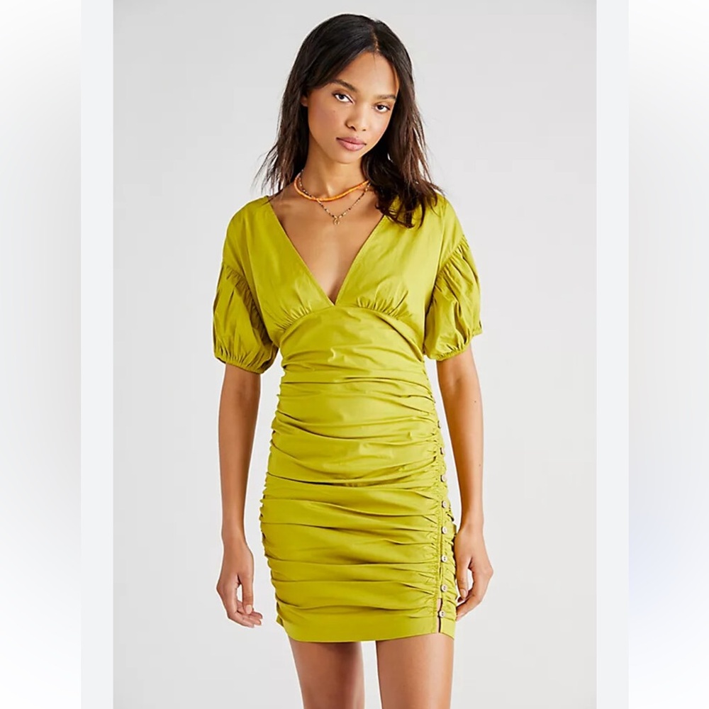 Free People Tastemaker Mini Buttondown V Neck Ruched Puff Sleeve Dress